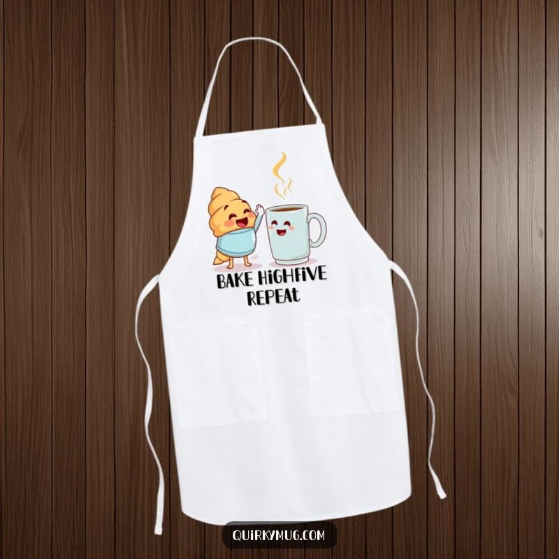 Funny croissant pastry character high-fiving a bewildered mug on a kitchen apron, a fun funny gift.