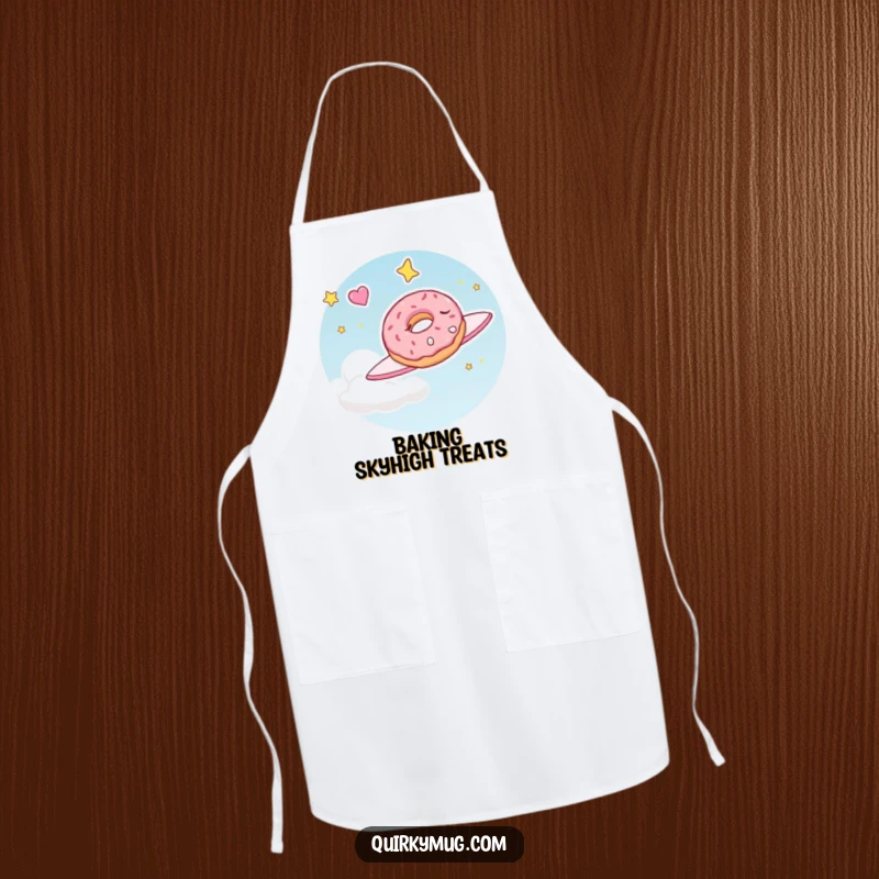 Funny apron with a sleepy doughnut character dreaming of flying through the sky, ideal for bakers who love sweets and humor.