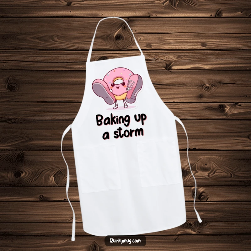 Funny donut character attempting to wear enormous shoes, on a practical kitchen apron.