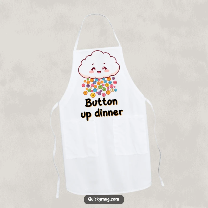 Funny apron with a mischievous cloud character playfully showering tiny, colorful buttons, ideal for a cheerful cook.