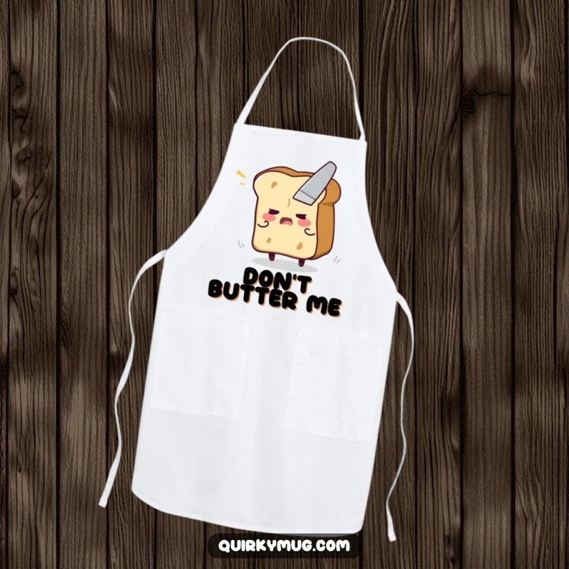 Funny apron with a flustered toast character attempting to flee from a butter knife, perfect for a humorous cook.