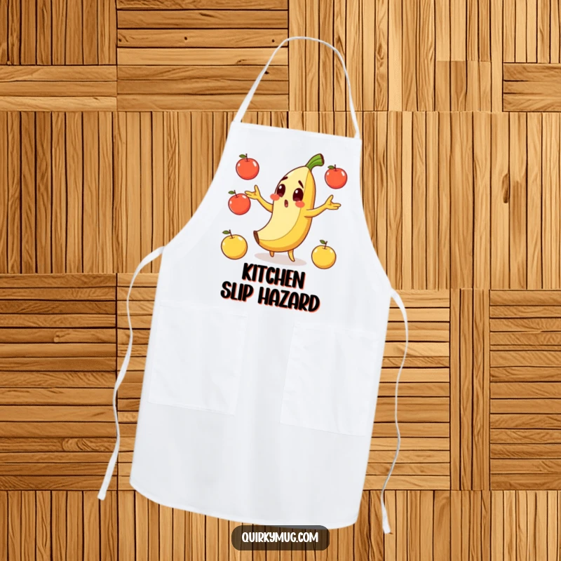 Funny apron depicting a surprised banana character slipping on its peel while juggling apples.