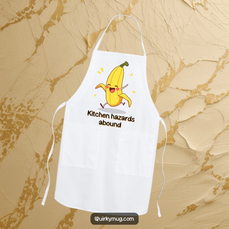 Funny Banana Peel Apron: A delighted banana peel character performs a comical pratfall, ready to protect your clothes with hilarious style.