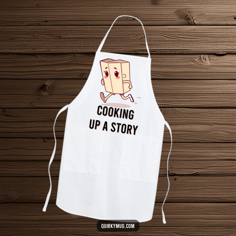 Funny apron with a book character running a race, ideal for cooks who love literature and appreciate humor.