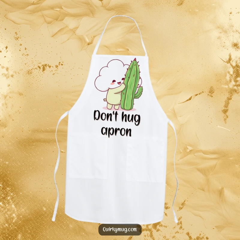 Funny happy cloud character attempting to hug a very pointy cactus, a humorous apron for the kitchen.