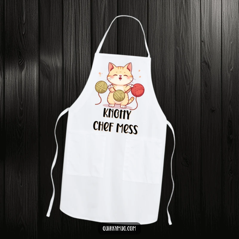 Funny apron featuring a mischievous cat juggling yarn balls, designed for crafters and hobbyists with a playful spirit.