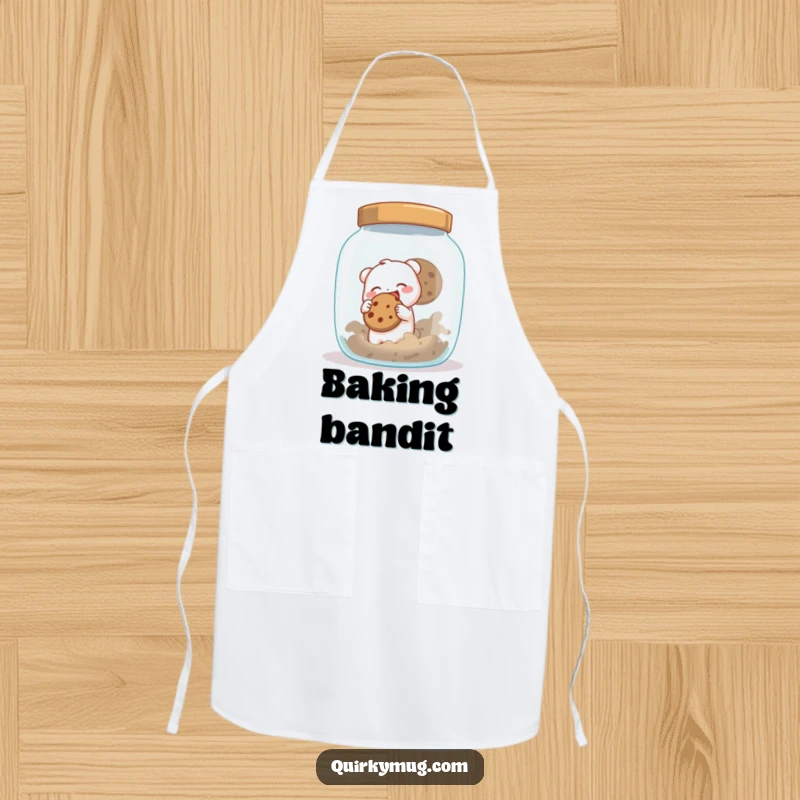 Funny apron with a little creature attempting to sneak a cookie from a giant jar, adding humor to kitchen adventures.