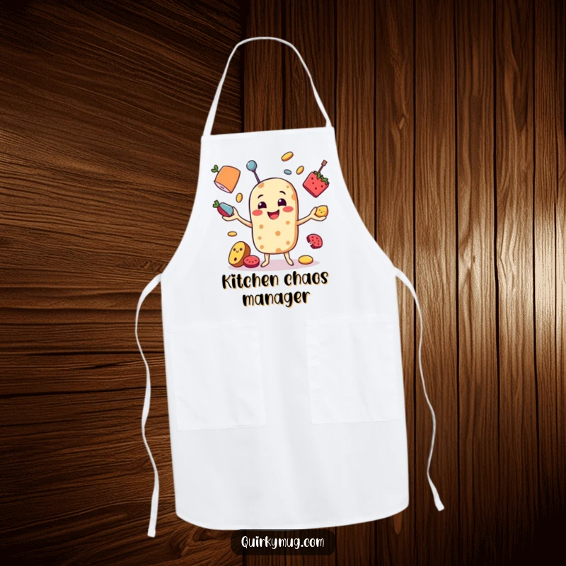 Funny apron showcasing a food character comically juggling ingredients while cooking, ideal for a humorous kitchen experience.