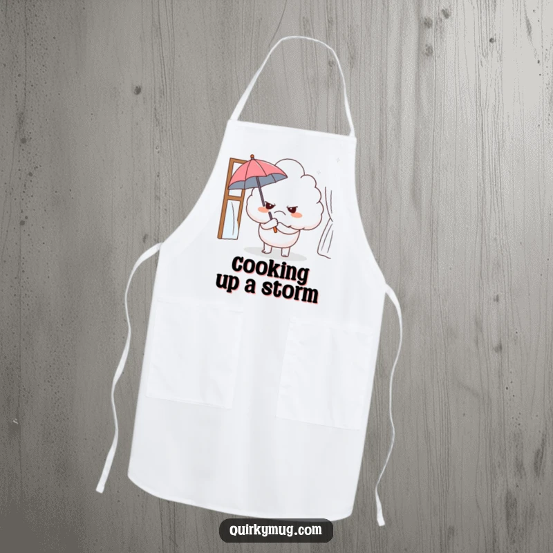 Funny apron with a grumpy cloud character holding a tiny umbrella indoors, ideal for ironic kitchen protection and humor.