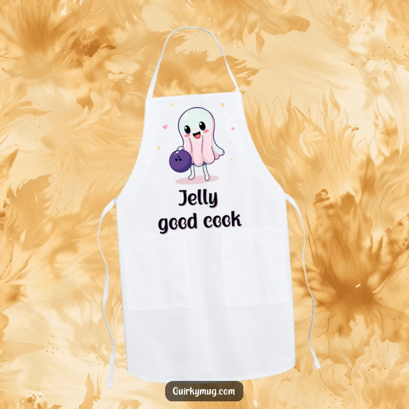 Funny apron showcasing a wobbly jelly character attempting to balance a bowling ball, adding a touch of playful chaos to the kitchen.