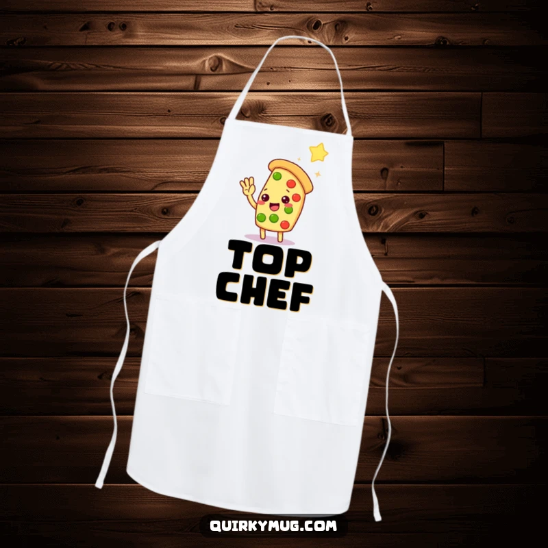 Funny Kawaii pizza slice character reaching for a star, featured on this humorous kitchen apron.