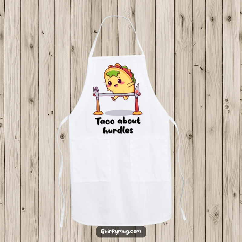 Funny Kawaii taco character mid-air, jumping over a hurdle made of cutlery on an apron, looking athletic.
