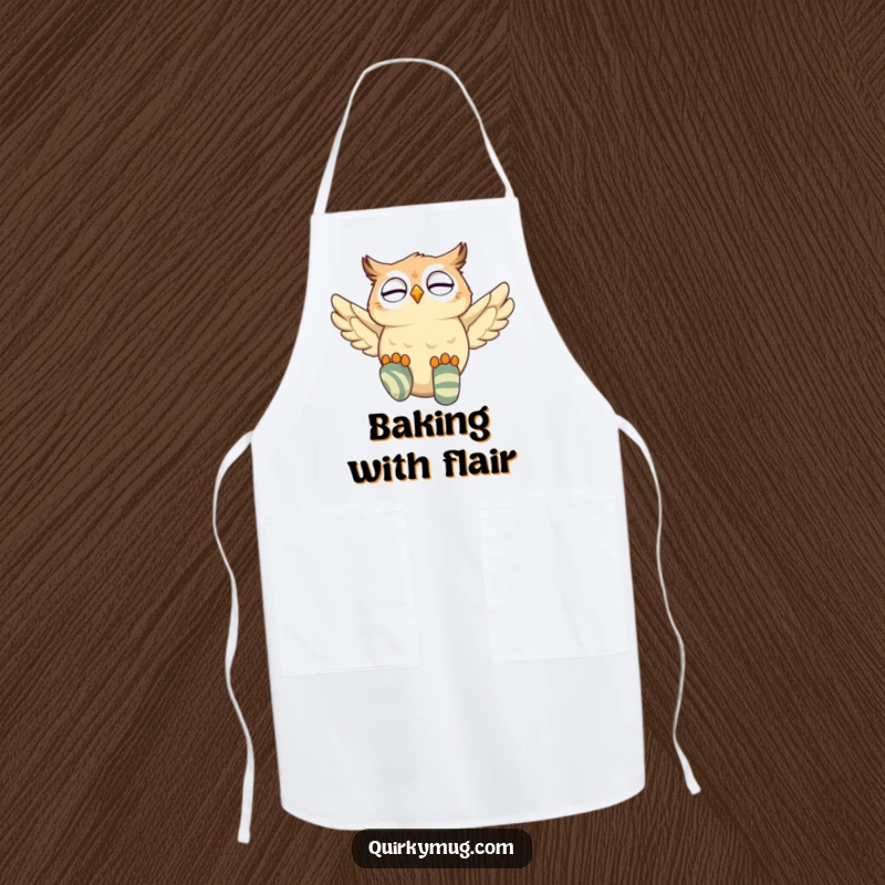 Funny owl character in an apron, attempting to fly with oversized mismatched socks, looking ready to cause a kitchen stir.