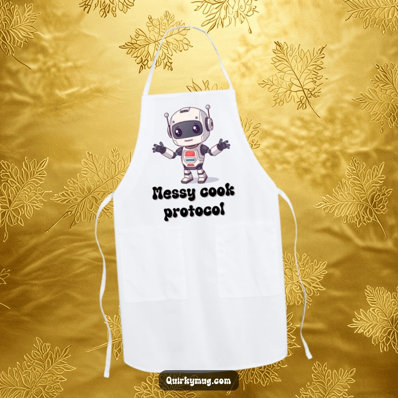 Funny Apron showing a curious robot attempting to dance with wildly flailing limbs, ideal for kitchen humor.