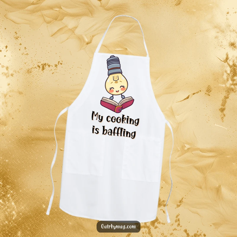 Funny apron for a scholar, showing a lightbulb character trying to read an upside down book, perfect for studying.