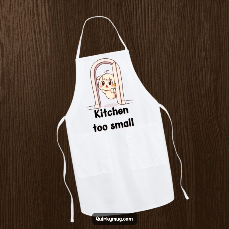 Funny apron featuring a surprised character comically stuck in a tiny doorway, bringing comical humor to cooking.