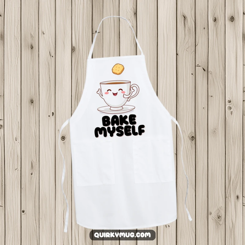 Funny cheerful teacup with arms attempting to self-serve a biscuit, humorous apron for kitchen tea parties.