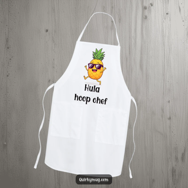 Funny giggling pineapple wearing sunglasses, doing the limbo, a humorous and practical apron.