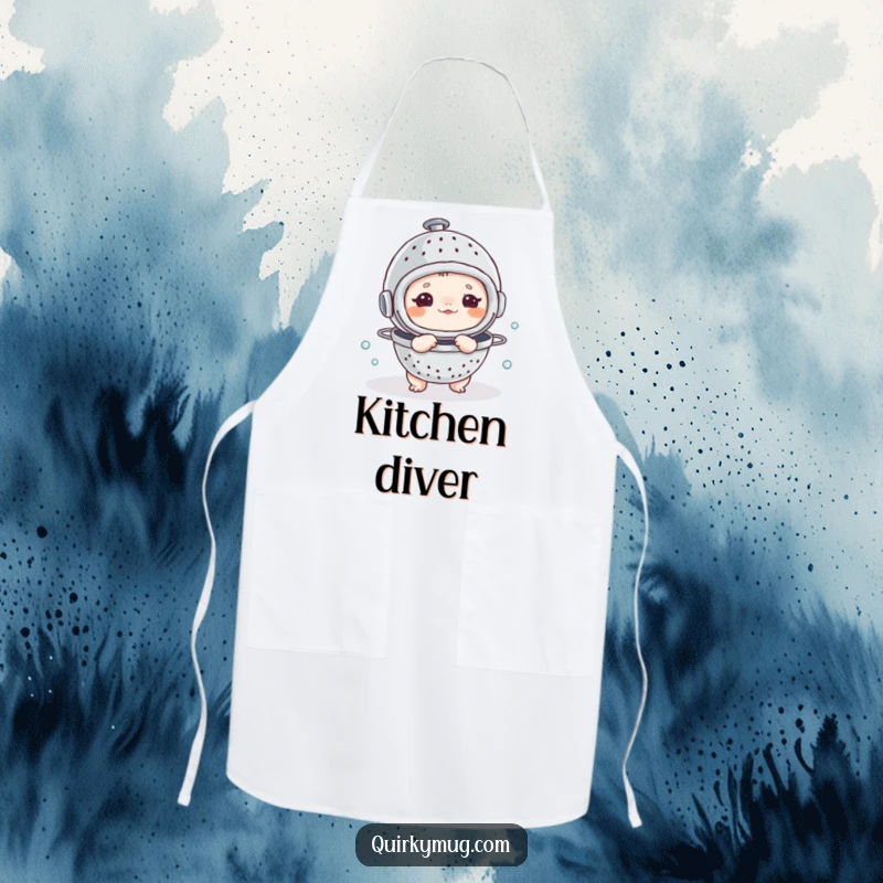 Funny apron with a small creature humorously wearing a colander as a diving helmet, ready for kitchen adventures.