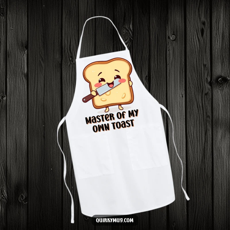 Funny apron depicting a delighted slice of toast attempting to butter itself with a rogue butter knife.