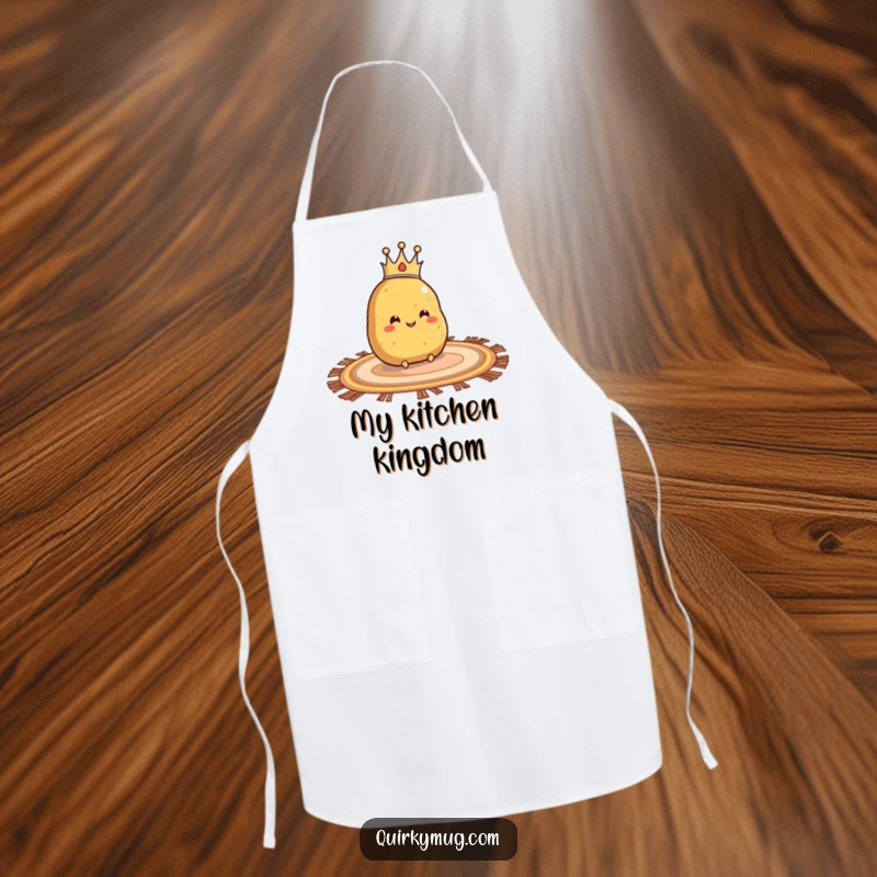 Funny apron for a potato fan, showing a crowned potato sliding on a rug, perfect for cooking.
