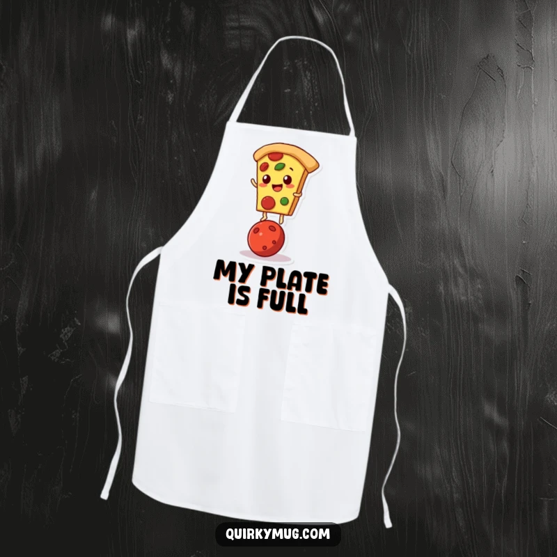 Funny apron for a pizza chef, showing a slice balancing on a pepperoni, perfect for cooking.