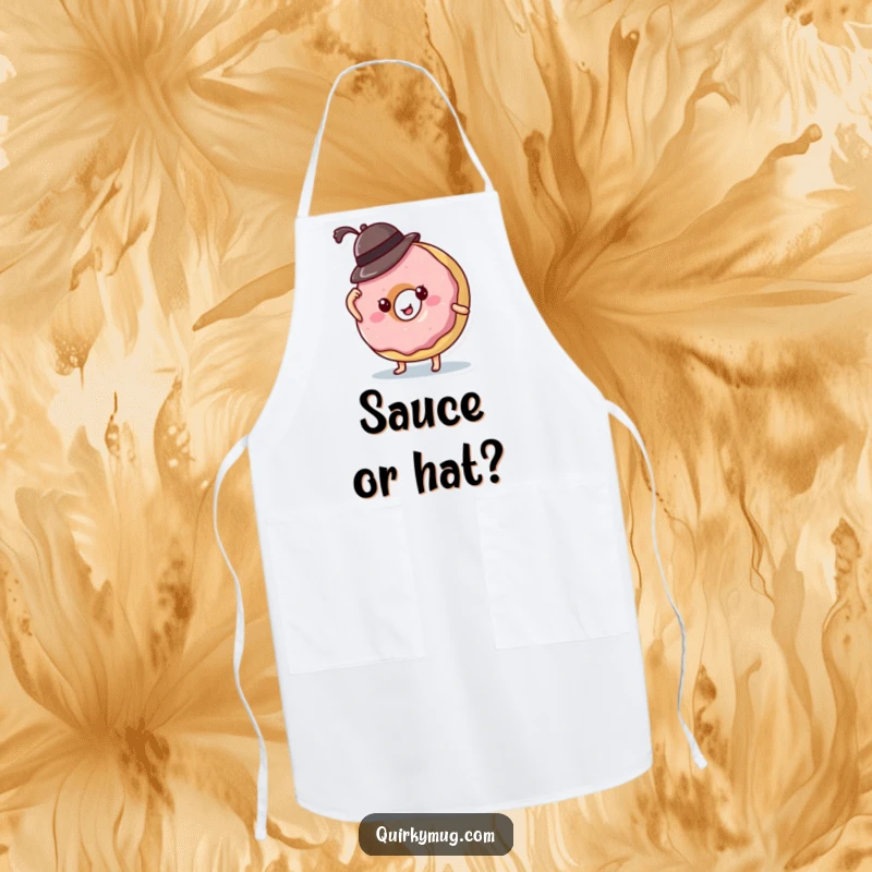 Funny donut character attempting to wear a tiny hat that's falling off, a humorous apron for kitchen adventures.