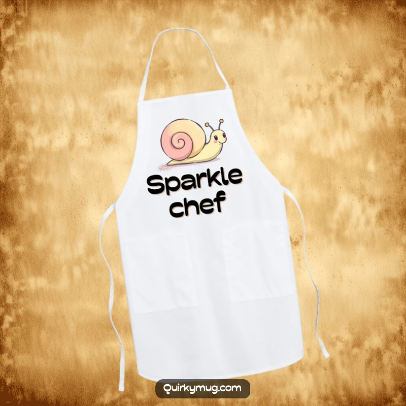 Funny Apron showcasing a happy snail character leaving a glitter trail, perfect for adding sparkle to cooking.