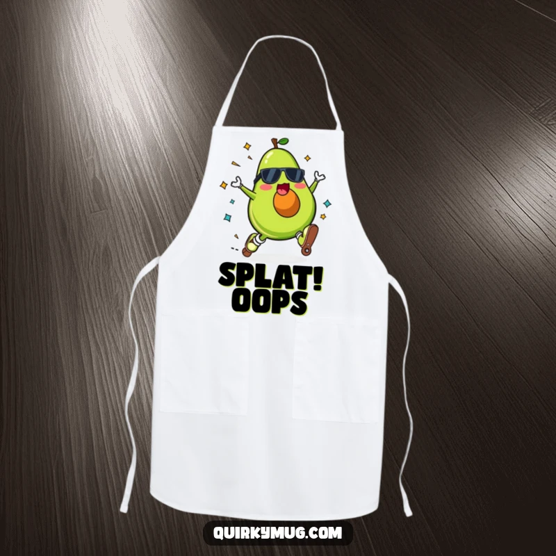 Funny Kawaii avocado character on an apron, roller skating and falling spectacularly with a surprised expression.