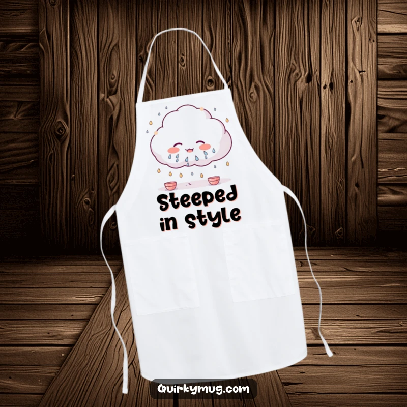 Funny Kawaii cloud character raining tiny teacups, featured on this humorous kitchen apron.