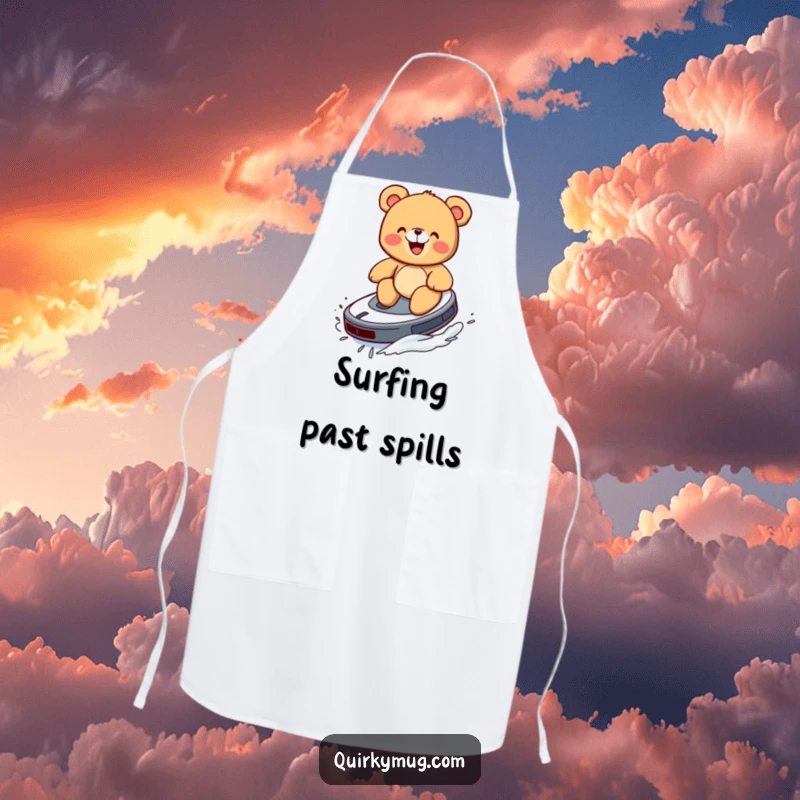 Funny apron depicting a giggling teddy bear attempting to surf on a Roomba like a surfboard.