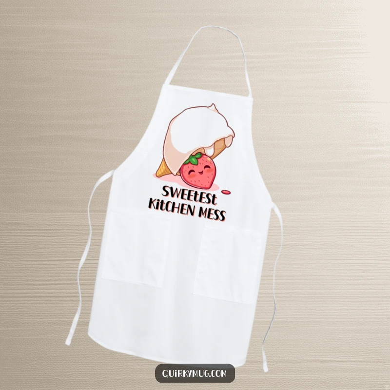 Funny apron featuring a blushing strawberry character peeking out from under a huge overturned ice cream cone, bringing sweet humor to cooking.