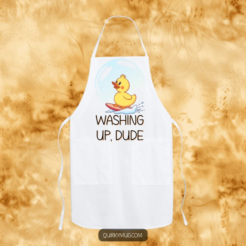 Funny rubber duck comically surfing a huge soap bubble, a humorous and practical apron for the kitchen.