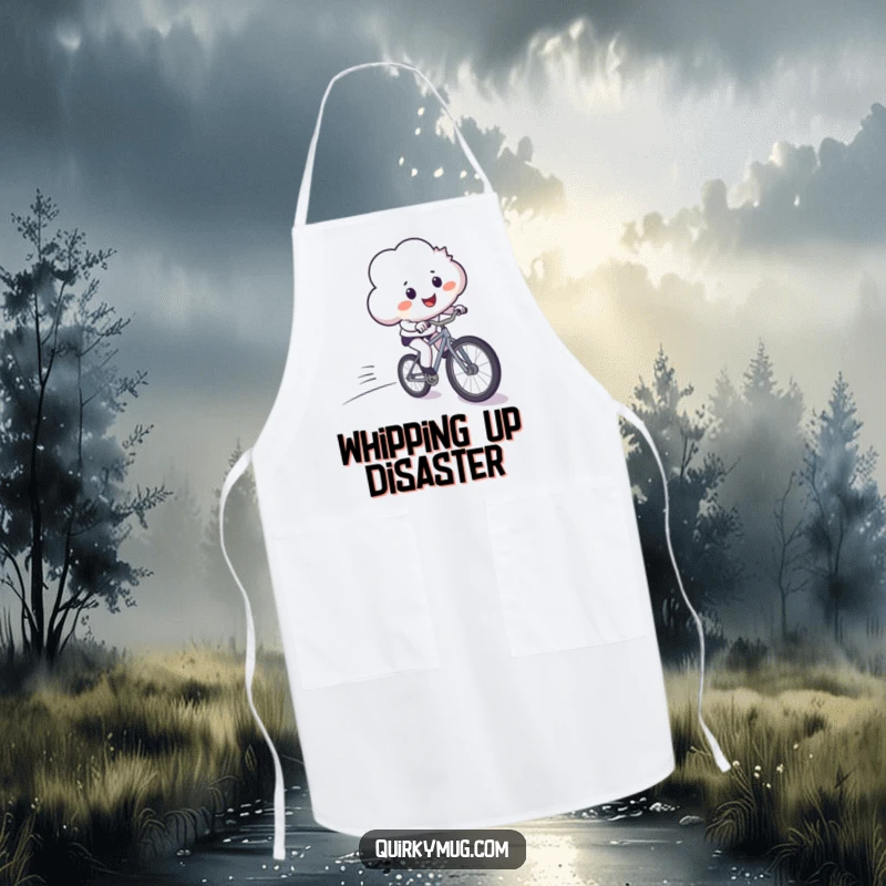 Funny apron featuring a smiling cloud comically losing control on a bicycle, a humorous kitchen essential for cooks.