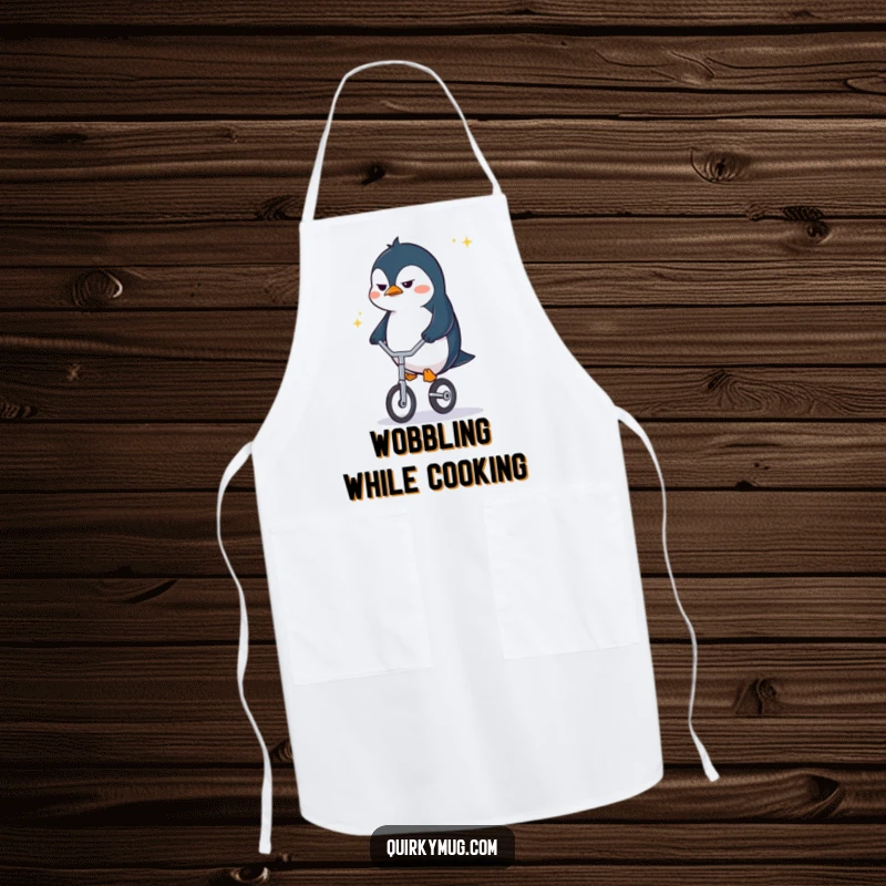 Funny penguin character in an apron, frowning with determination while attempting to ride a tiny unicycle in the kitchen.
