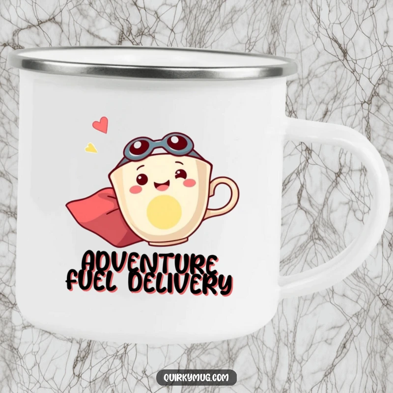 Funny camping mug with a happy teacup character in a superhero cape, dynamically flying sideways with great excitement.