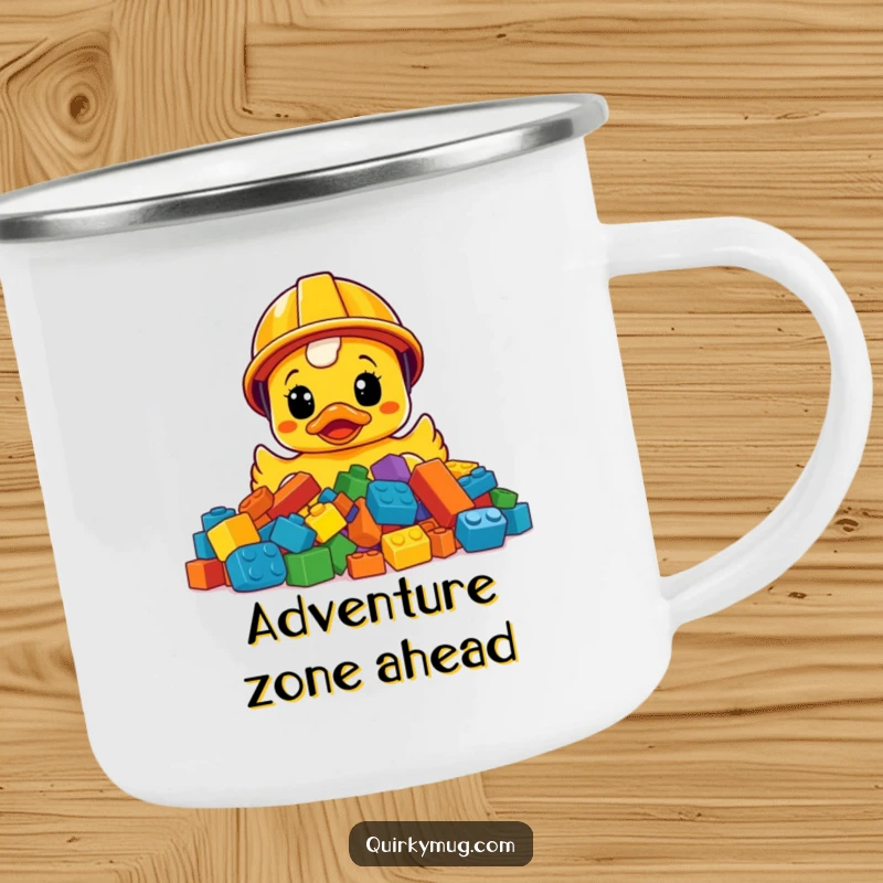 Funny construction helmet rubber ducky bewildered by LEGOs, a durable and humorous camping mug.