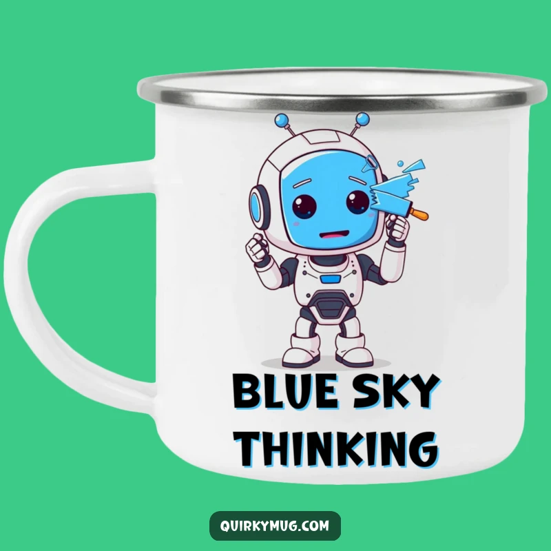 Funny Robot Camping Mug: Blue Face Adventure, Great Outdoor Gift!