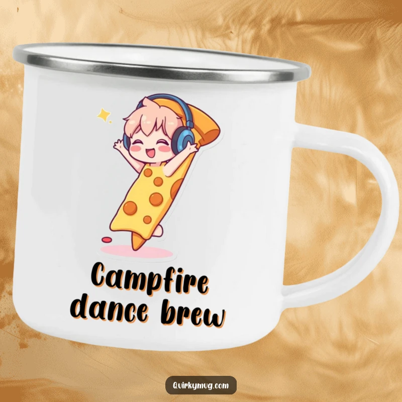Funny camping mug with a cute character wearing headphones, happily dancing on a giant slice of pizza, perfect for outdoor parties and beverages.