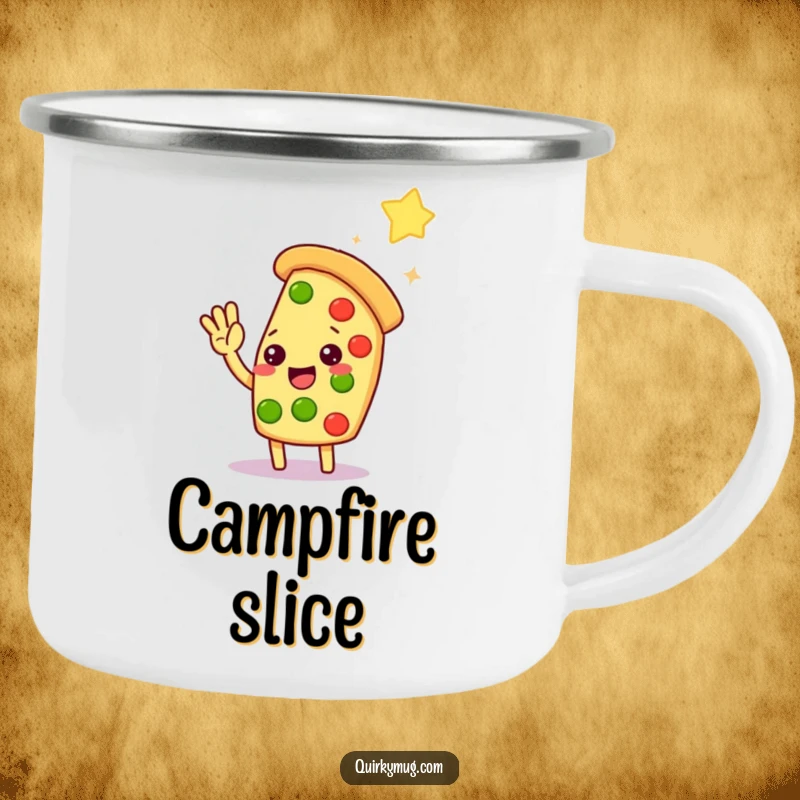 Funny Kawaii pizza slice character reaching for a star on a rustic camping mug, perfect for starry nights.