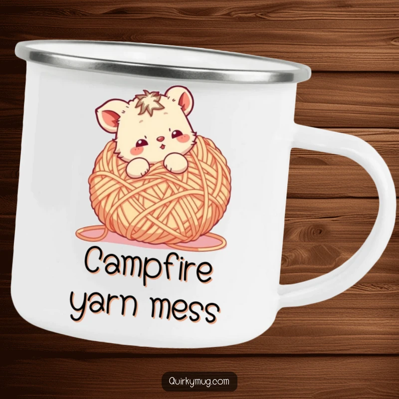 Funny Yarn Animal Camping Mug: A cute animal character tangled in a giant ball of yarn, ready for a cozy break.
