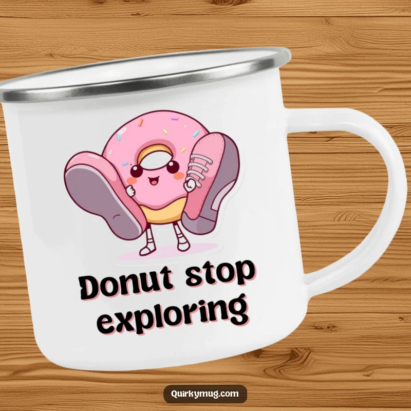 Funny donut character struggling with enormous shoes, designed for a rugged camping mug.