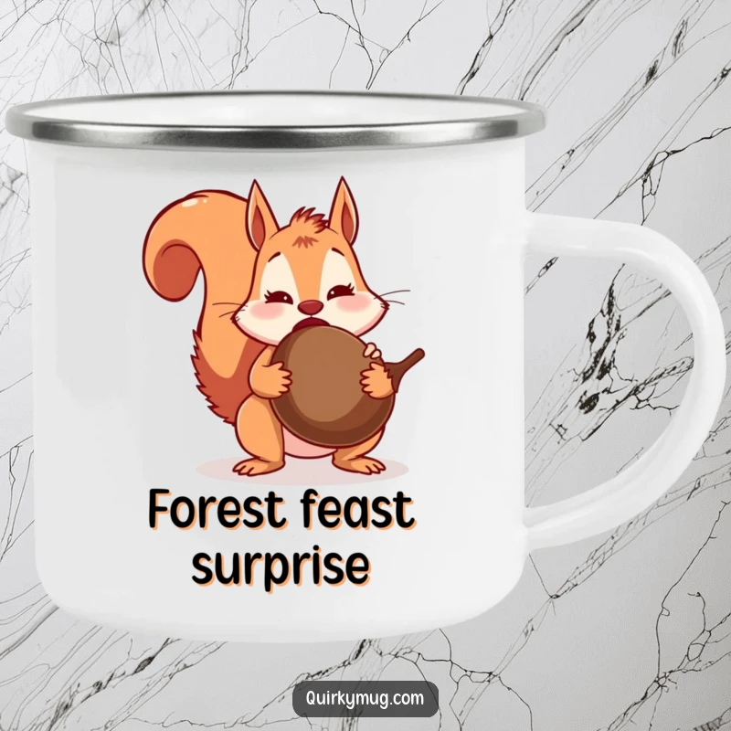 Funny squirrel character enjoying the outdoors with a camping mug, surprised by a huge acorn, ready for a big meal.