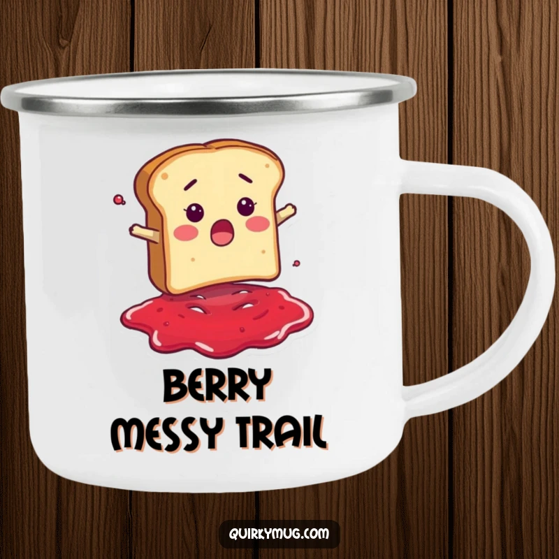 Funny camping mug featuring a surprised bread slice character falling into a puddle of jam, perfect for outdoor breakfast humor.