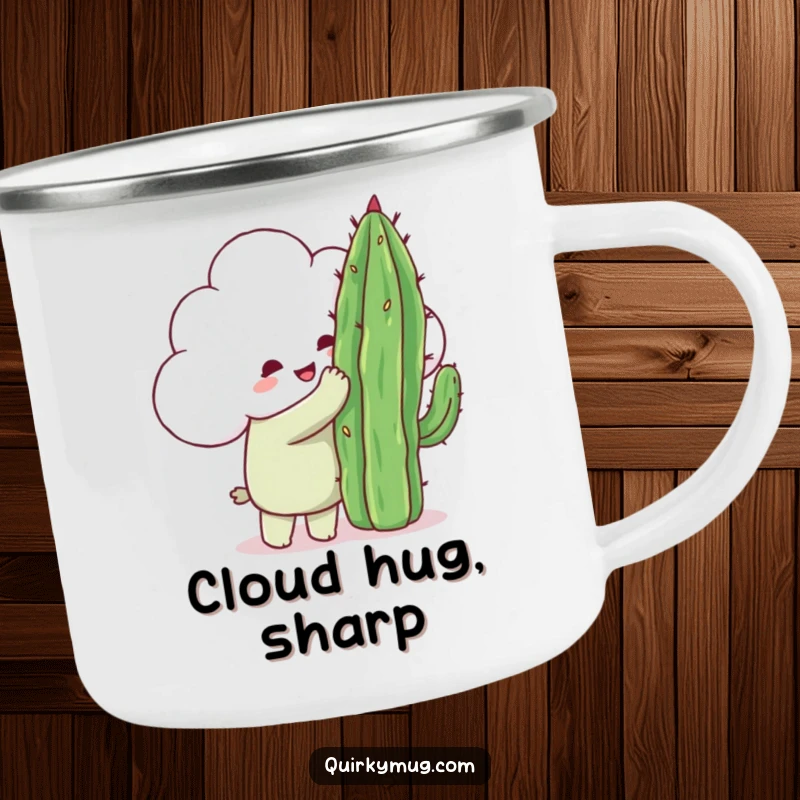 Funny happy cloud character attempting to hug a very pointy cactus, a humorous and sturdy camping mug.