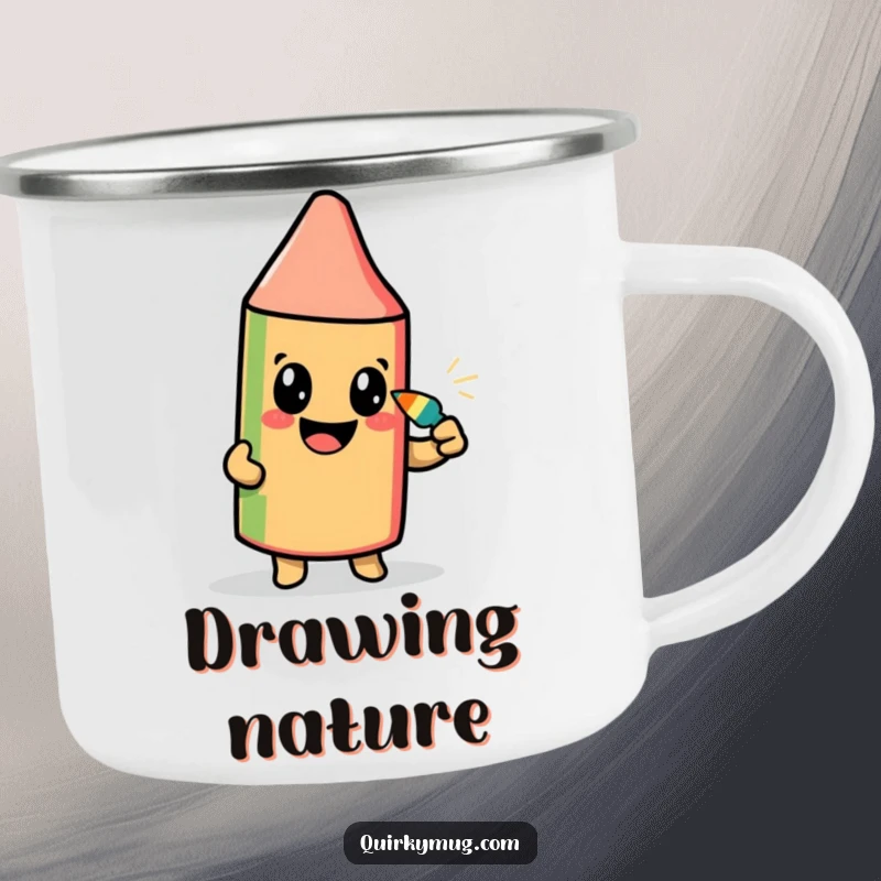 Funny camping mug featuring a beaming crayon character drawing its self-portrait with its own tip, durable and artistic.