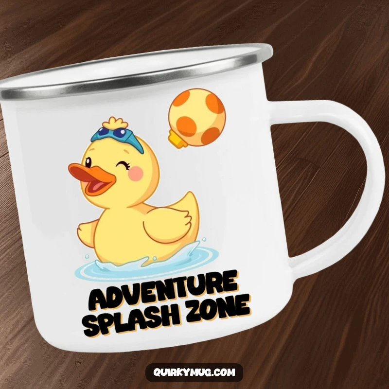 Funny camping mug showing a cheerful giant rubber duck wearing swim fins and doing a cannonball splash.