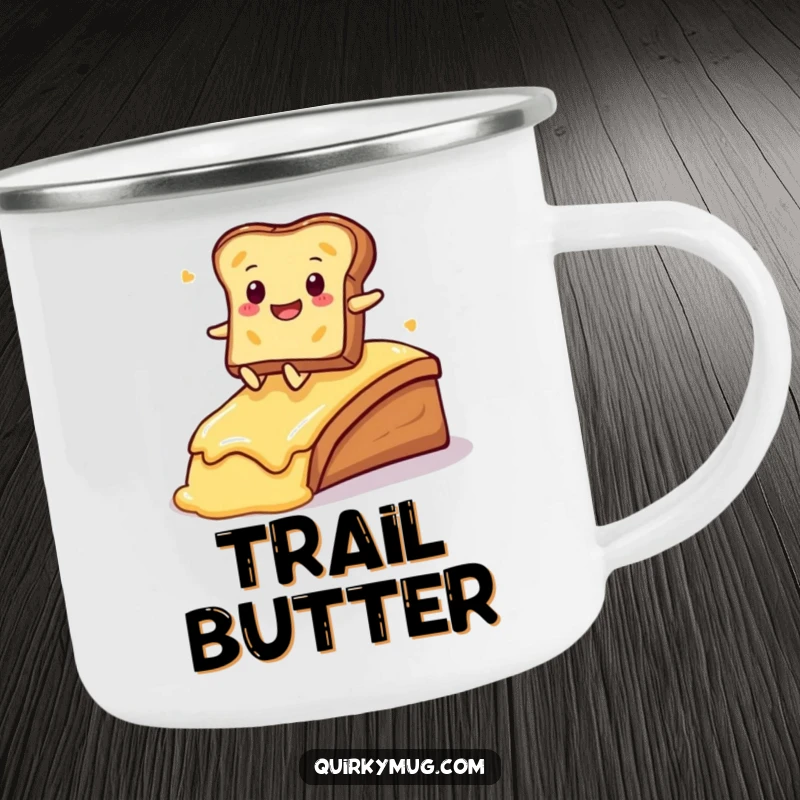 Funny Kawaii toast character enjoying a buttery slide on a rustic camping mug, perfect for the outdoors.
