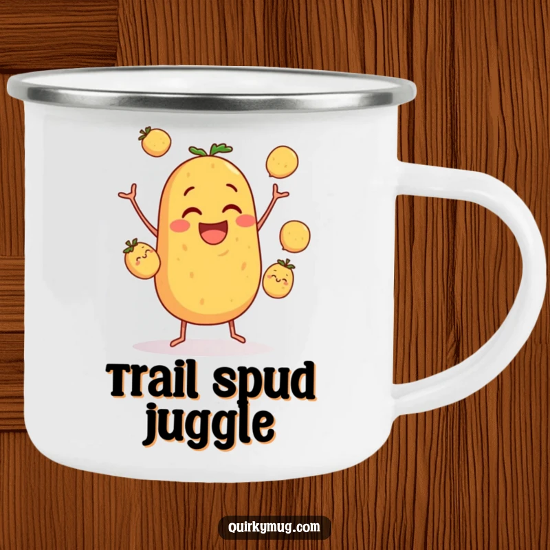 Funny camping mug featuring a clumsy potato character hilariously juggling three small potatoes, perfect for outdoor enthusiasts.
