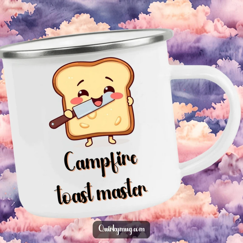 Funny camping mug showing a delighted slice of toast attempting to butter itself with a rogue butter knife.
